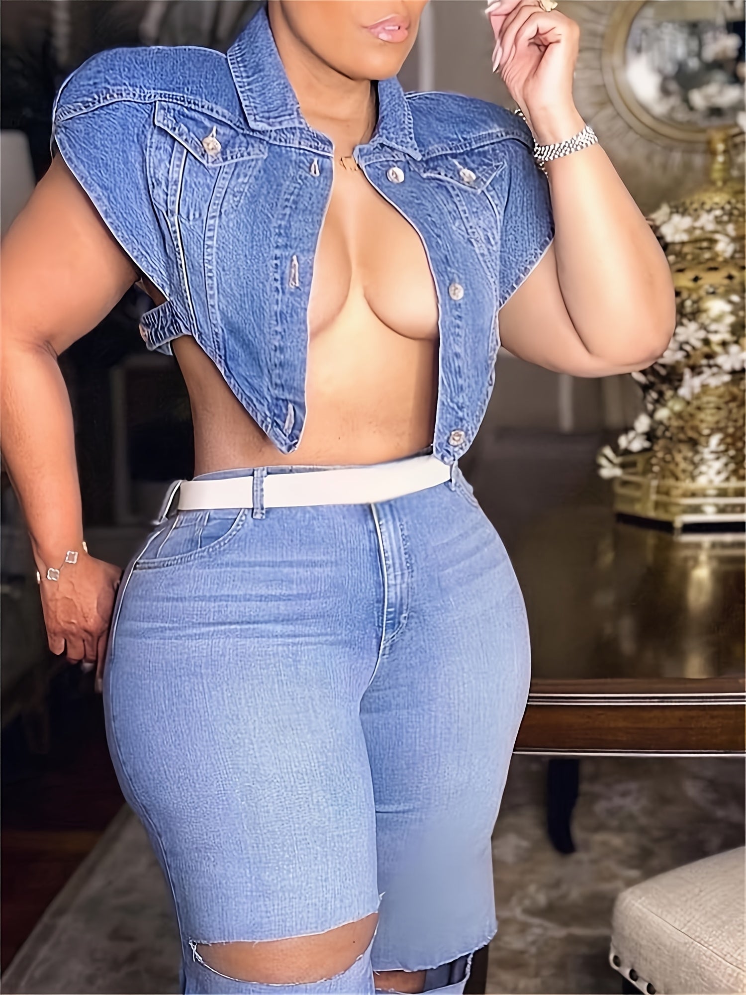 Women's Chic Cropped Denim Vest - Single-Breasted, Irregular Lapel, Washed Blue Jean Jacket for Spring/Summer, Casual Sleeveless Denim Top with Unique Retro Flair, Party Accessory | Trendy Casualwear | Classic Button Closure